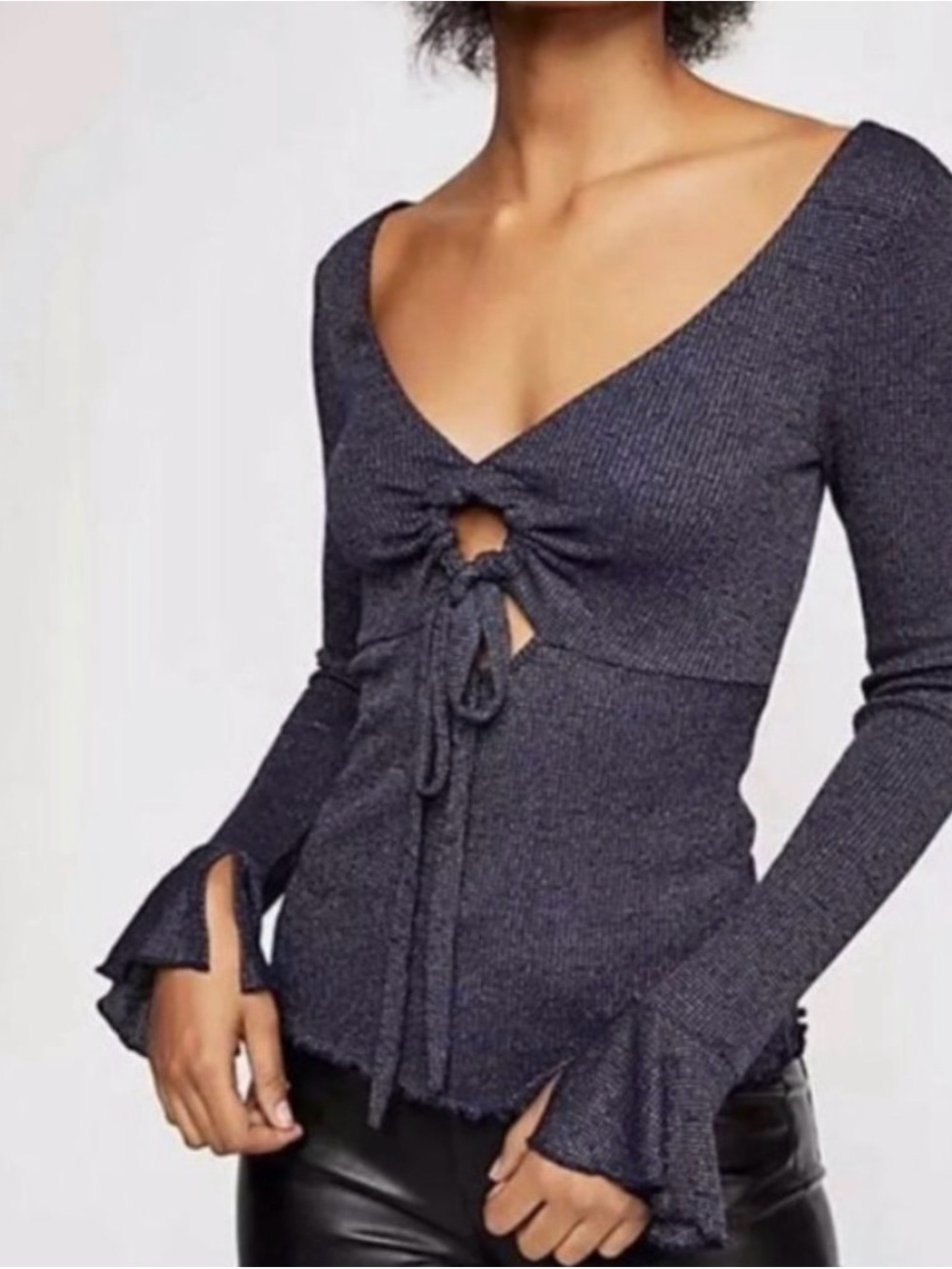 Free People Intimately Say When Long Sleeve Top Metallic Ribbed Keyhole Small